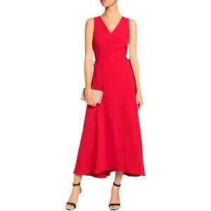 TOME Red V-Neck Black Lace Up Sides Crepe Midi Dress - 0